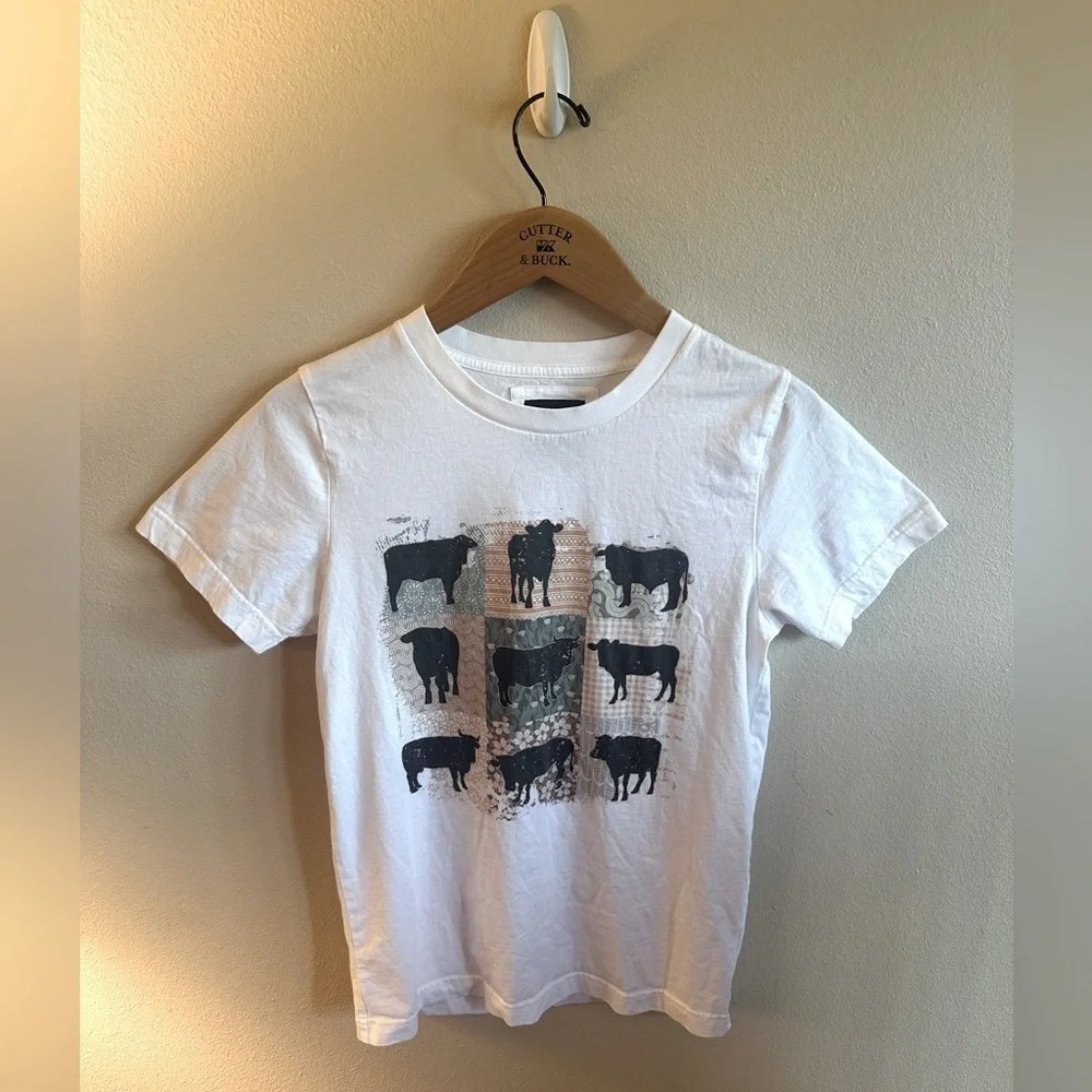 Lily & Lottie Cow Grid Graphic Tee White Short Sleeve Womens Size Small